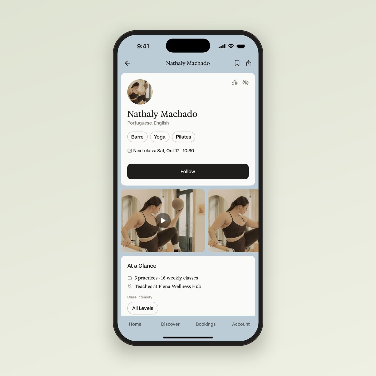 Nathaly Machado's profile in the app: her practices, languages and next class