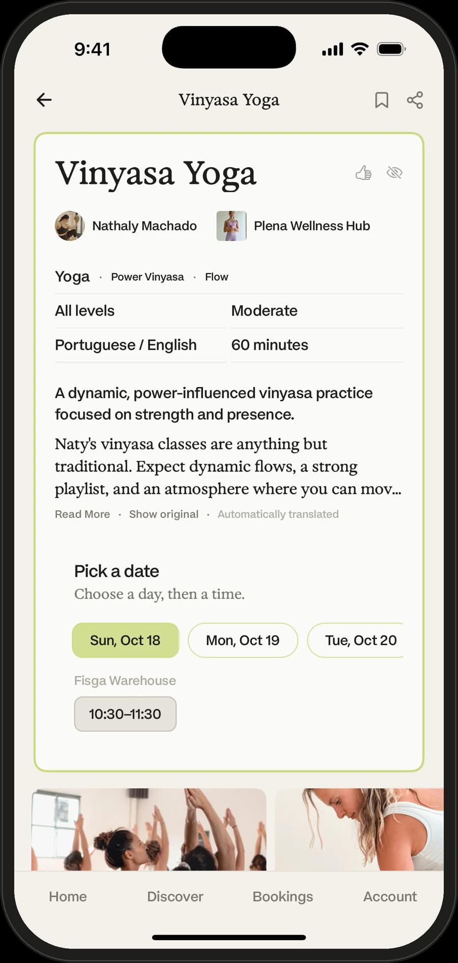 A class page in the app: Vinyasa Yoga with Nathaly Machado