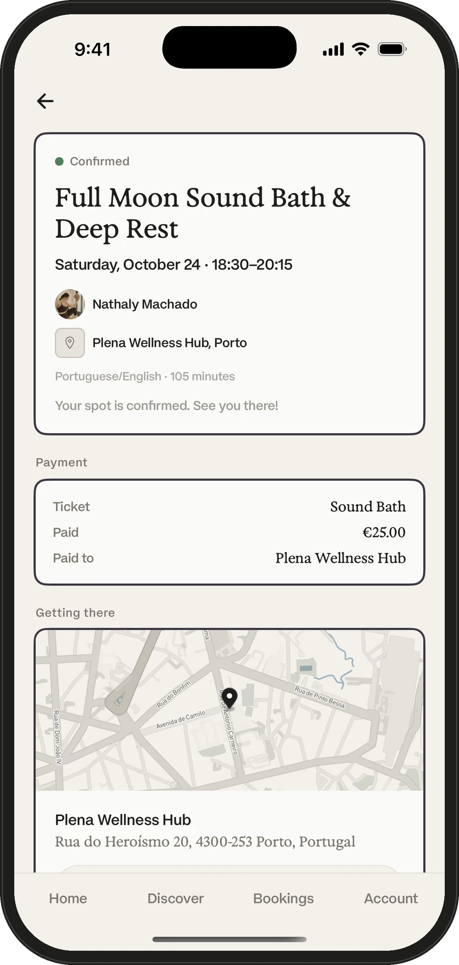 A confirmed booking in the app, paid to the studio